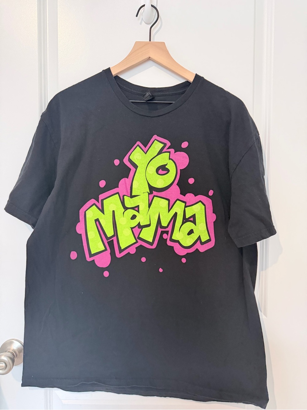 Gildan Black Tee with Neon Green & Pink Graffiti 'Yo Mama'